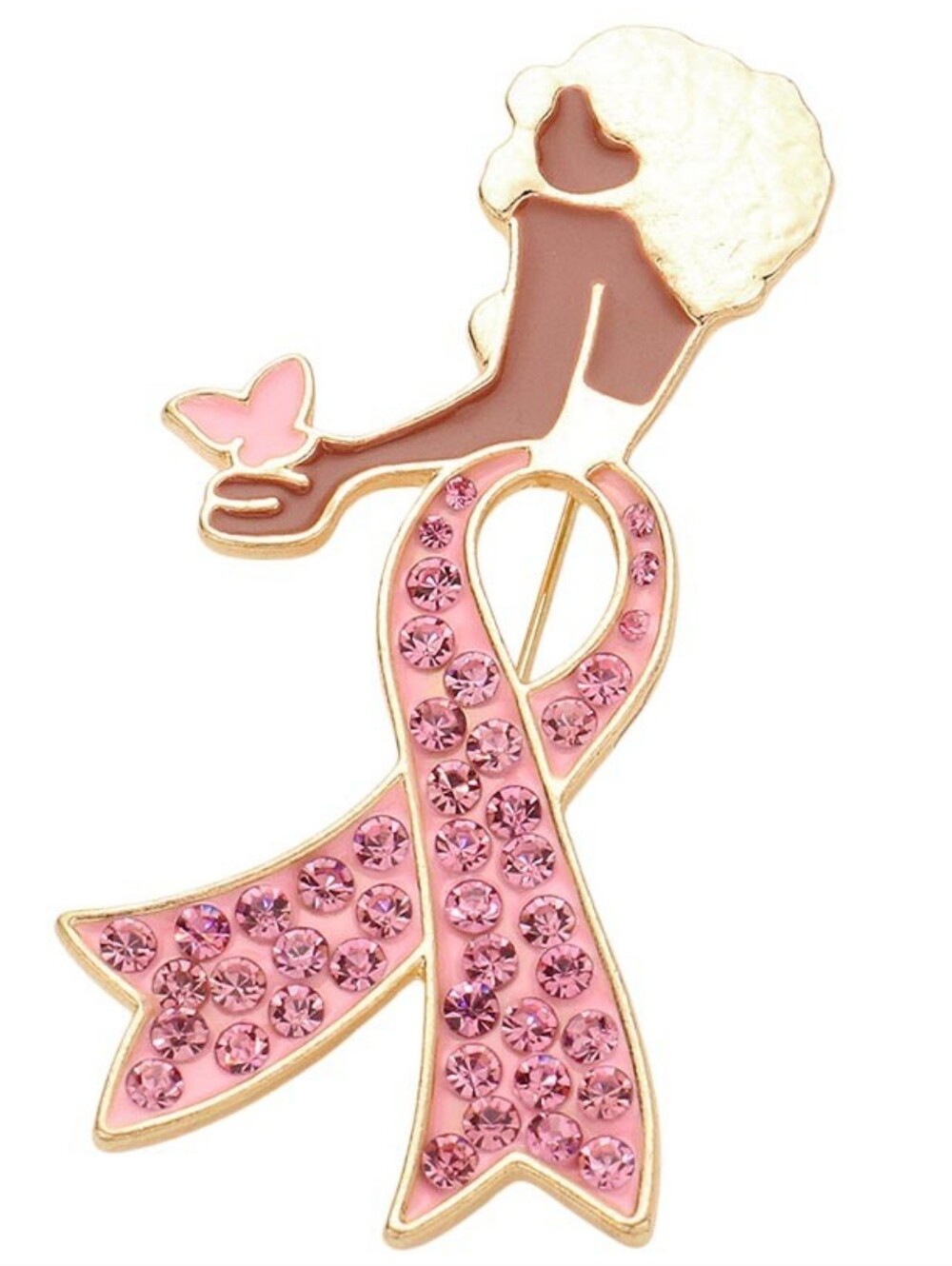 Pink Ribbon Pin Gold Rhinestone Bow Cancer Brooch Fashion Statement Accessory - Picture 4 of 4